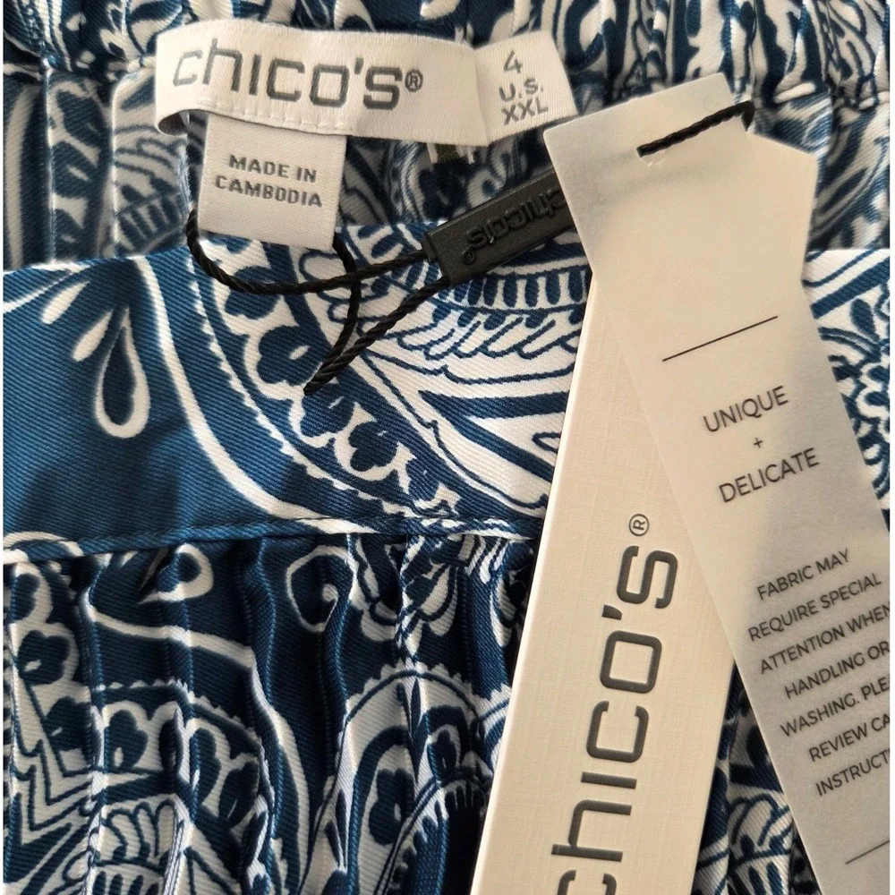 CHICOS Blue White‎ Paisley Pleated Elastic Waist Flowy Midi Maxi Skirt Sz 4/XXL